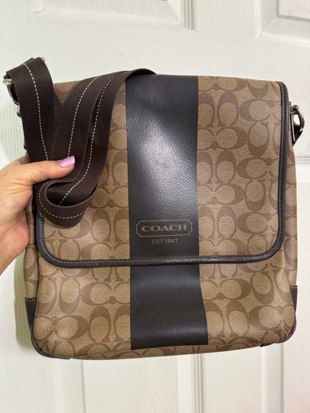 Coach Brown Signature Canvas Messenger Bag with Dark Brown Stripe